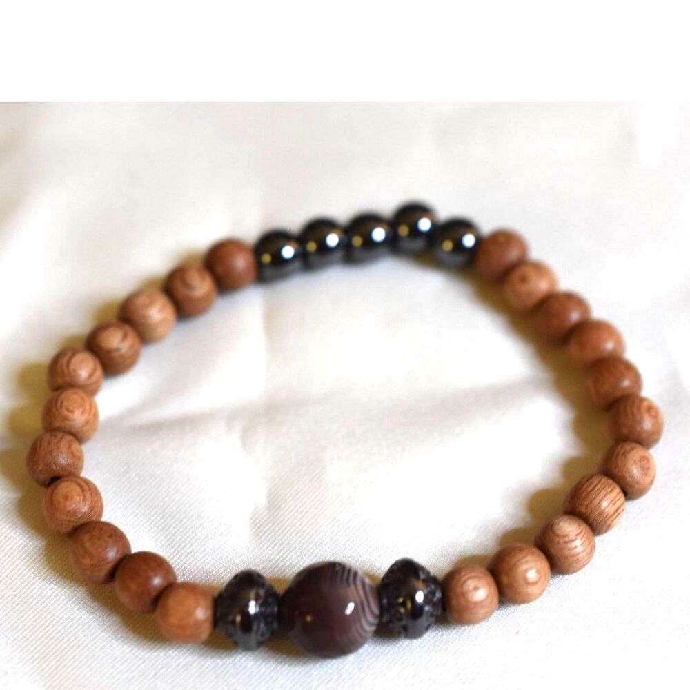 Intriguing Healing Wood Beads/ Agate Center/Black Hematite 6.5" Unisex Bracelet - Picture 5 of 5